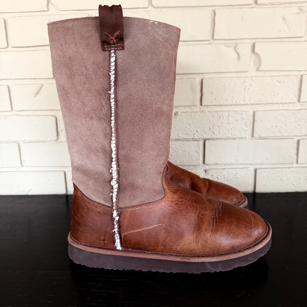 Vintage 90s Y2K American Eagle AE Boots Chunky Brown Leather Sherpa Lined Sz 10 - Picture 1 of 7